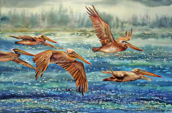 Pelicans In Flight by Roy Lowry